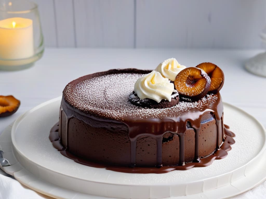  A closeup, photorealistic image of a decadent chocolate lava cake being sliced open, revealing the oozing, molten chocolate center spilling out onto a pristine white plate. The rich, glossy texture of the cake contrasts beautifully with the soft, velvety texture of the chocolate, while the steam rises delicately from the warm center, creating a mouthwatering and irresistible visual feast. The lighting is soft, highlighting every intricate detail and enhancing the overall indulgent and luxurious feel of the dessert. hyperrealistic, full body, detailed clothing, highly detailed, cinematic lighting, stunningly beautiful, intricate, sharp focus, f/1. 8, 85mm, (centered image composition), (professionally color graded), ((bright soft diffused light)), volumetric fog, trending on instagram, trending on tumblr, HDR 4K, 8K