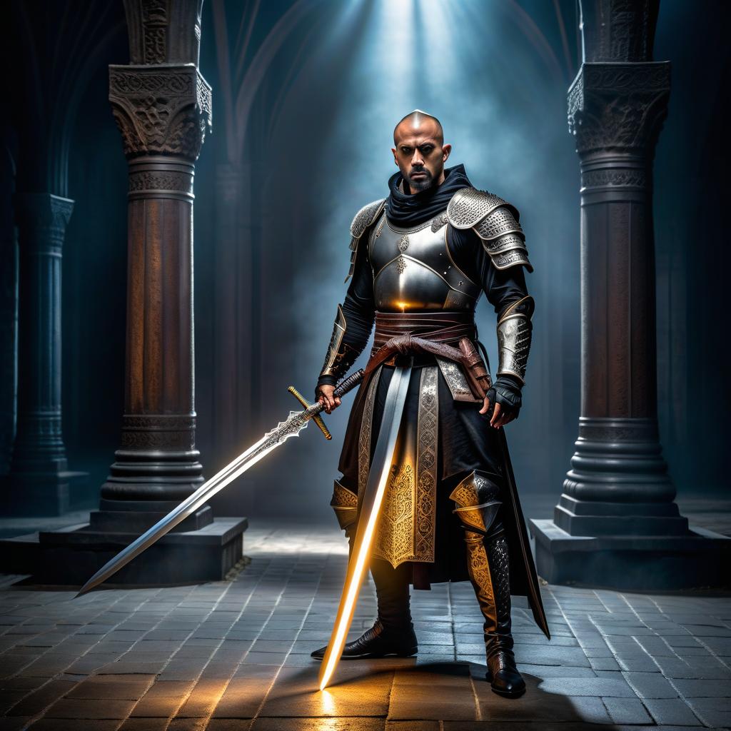  gothic style Warrior monk, with black sash on his eyes, a long sword in his hands, steel armor with patterns. . dark, mysterious, haunting, dramatic, ornate, detailed hyperrealistic, full body, detailed clothing, highly detailed, cinematic lighting, stunningly beautiful, intricate, sharp focus, f/1. 8, 85mm, (centered image composition), (professionally color graded), ((bright soft diffused light)), volumetric fog, trending on instagram, trending on tumblr, HDR 4K, 8K