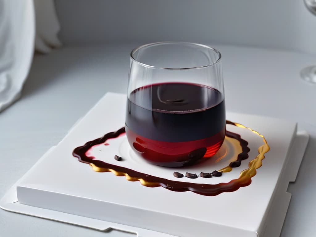  An ultradetailed image of a sleek, modern wine glass filled with rich, velvety red wine, gently swirling with elegant golden streaks of light cascading through the liquid. Next to the glass, a decadent piece of dark chocolate sits on a pristine white plate, exuding a glossy sheen under a soft spotlight. The intricate textures of the chocolate are highlighted, showcasing its luscious layers and intricate design, while the wine's deep hues capture the essence of sophistication and indulgence. The overall composition is minimalist yet evocative, capturing the essence of celestial flavor pairings in a visually stunning manner. hyperrealistic, full body, detailed clothing, highly detailed, cinematic lighting, stunningly beautiful, intricate, sharp focus, f/1. 8, 85mm, (centered image composition), (professionally color graded), ((bright soft diffused light)), volumetric fog, trending on instagram, trending on tumblr, HDR 4K, 8K