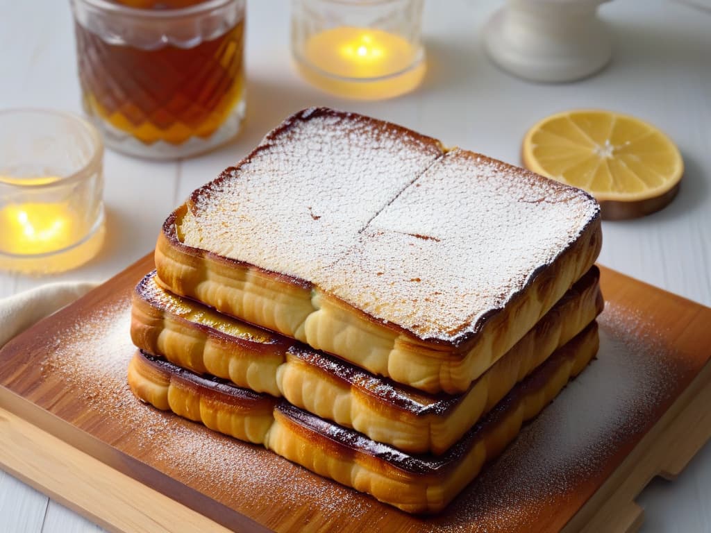  A closeup, ultradetailed image of a stack of goldenbrown torrijas sprinkled with a light dusting of powdered sugar, resting on a rustic wooden plate. The torrijas are perfectly caramelized, with a glossy sheen on the surface, showcasing the intricate texture of the bread slices soaked in sweet, fragrant syrup. The background is softly blurred to emphasize the minimalist aesthetic, highlighting the simplicity and elegance of this traditional Semana Santa dessert. hyperrealistic, full body, detailed clothing, highly detailed, cinematic lighting, stunningly beautiful, intricate, sharp focus, f/1. 8, 85mm, (centered image composition), (professionally color graded), ((bright soft diffused light)), volumetric fog, trending on instagram, trending on tumblr, HDR 4K, 8K