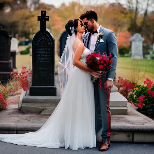 nvinkpunk a couple getting married in a cemetery and the dead is coming alive hyperrealistic, full body, detailed clothing, highly detailed, cinematic lighting, stunningly beautiful, intricate, sharp focus, f/1. 8, 85mm, (centered image composition), (professionally color graded), ((bright soft diffused light)), volumetric fog, trending on instagram, trending on tumblr, HDR 4K, 8K