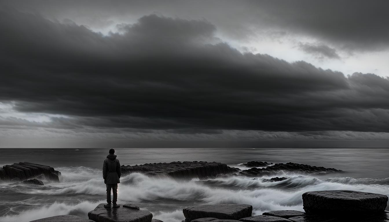  cinematic, aesthetic, A lone figure, sketched in grayscale, standing on a rocky shore with back turned to the turbulent sea, hands in pockets, wind blowing through hair, yearning for peace, solitude in struggle, 4k, HDR, lens flare