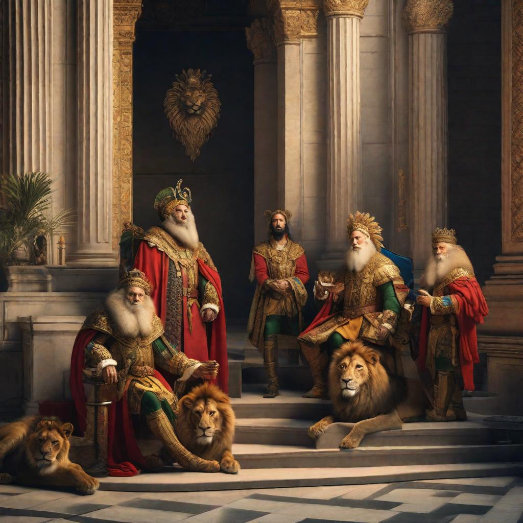  Daniel y los leones , high quality high detail painting by Rembrandt, hd, photorealistic lighting, style of Rembrandt hyperrealistic, full body, detailed clothing, highly detailed, cinematic lighting, stunningly beautiful, intricate, sharp focus, f/1. 8, 85mm, (centered image composition), (professionally color graded), ((bright soft diffused light)), volumetric fog, trending on instagram, trending on tumblr, HDR 4K, 8K