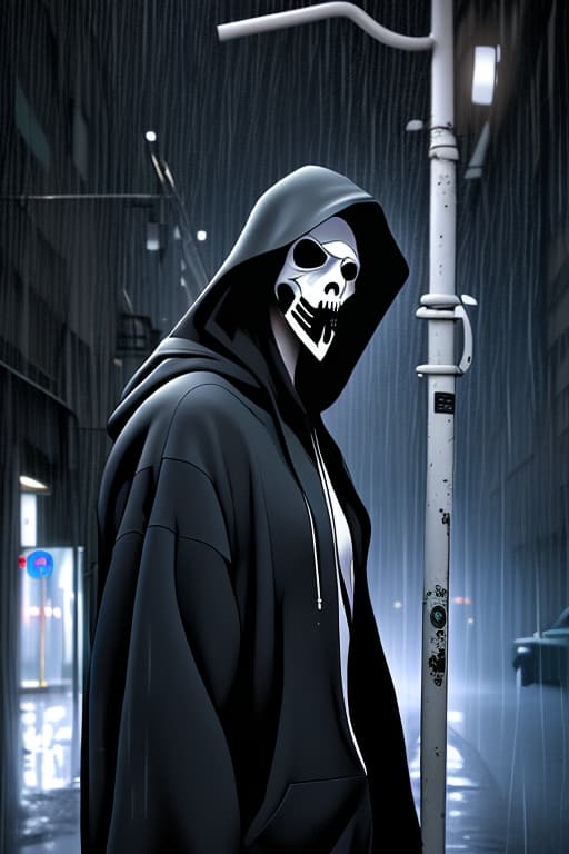  A-TaC , Josh, Epitomistic, Doormentor, The Catentions, He’s Tall all black hoodie up all white mask on face kind of like Jason, standing under street pole in the dark while heavily raining, spotting his enemy , kind of like grim reaper, god of darkness and winter