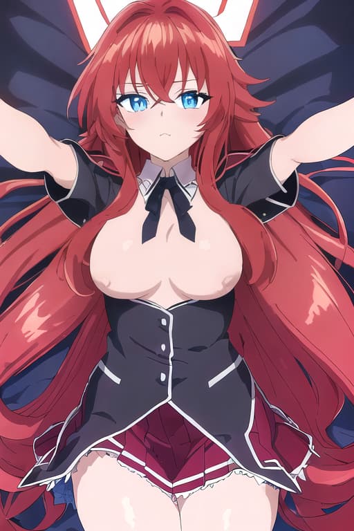  mive s,s,,g cup,on back,on bed,,legs ,arms outstretched for a hug,masterpiece, best quality, 1women, long red hair, looking at viewer, :3, cute, black uniform, outdoors, streets, cowboy shot, curvy, (((blue eyes))), rias gremory, red hair, antenna hair, wavy hair, ((beautiful detailed eyes, beautiful detailed glow, lots of glow)), anime screencap