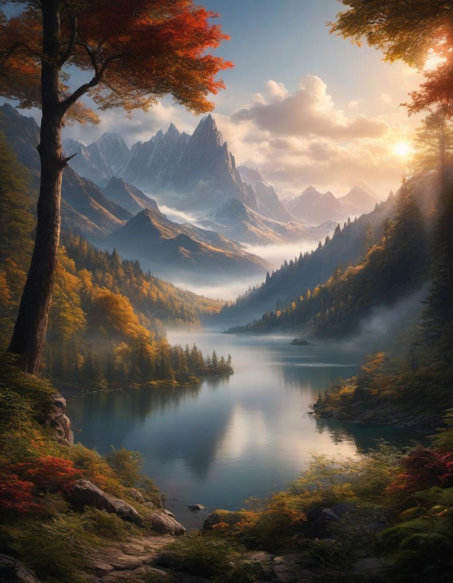  Renaissance style digital painting of a beautiful mountain landscape, lake, forest, sunset, cloudy . realistic, perspective, light and shadow, religious or mythological themes, highly detailed hyperrealistic, full body, detailed clothing, highly detailed, cinematic lighting, stunningly beautiful, intricate, sharp focus, f/1. 8, 85mm, (centered image composition), (professionally color graded), ((bright soft diffused light)), volumetric fog, trending on instagram, trending on tumblr, HDR 4K, 8K