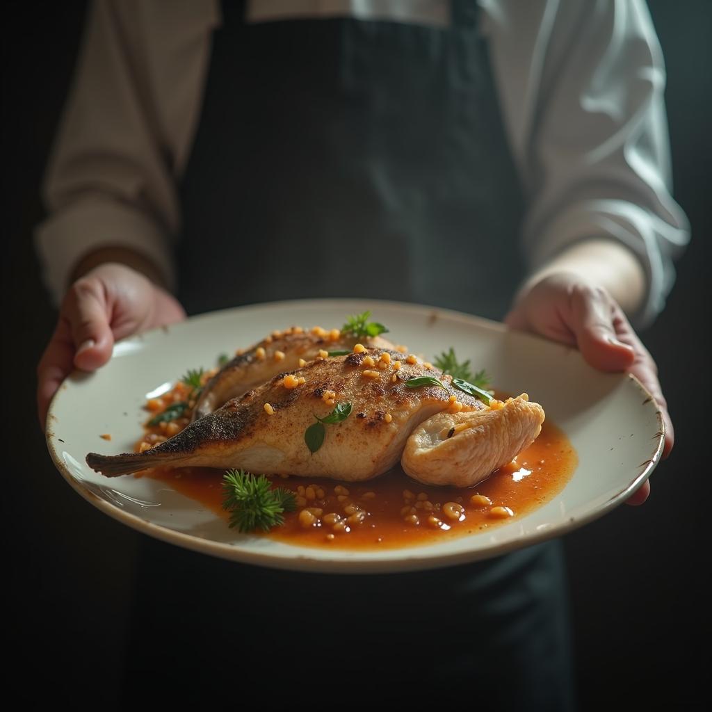  hyper realistic food photography, chef with a plate of freshly grilled fish, soft lighting, intricate details. hyperrealistic, full body, detailed clothing, highly detailed, cinematic lighting, stunningly beautiful, intricate, sharp focus, f/1. 8, 85mm, (centered image composition), (professionally color graded), ((bright soft diffused light)), volumetric fog, trending on instagram, trending on tumblr, HDR 4K, 8K