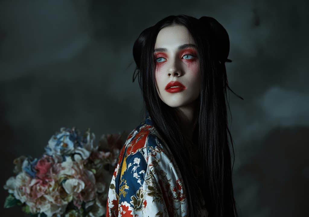  good quality, high quality, a haunting figure with pale white skin and long black hair, wearing a colorful kimono adorned with floral patterns | eerie, unsettling atmosphere | high fashion editorial photography | piercing blue eyes with red makeup