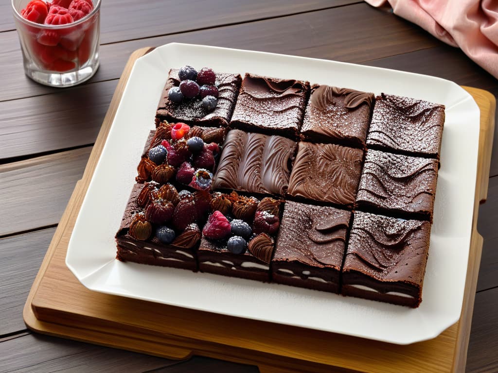  A photorealistic image of a decadent tray of freshly baked lowcalorie brownies, perfectly cut into squares, showcasing a moist and rich texture with melted chocolate chunks on top. The brownies are placed on a rustic wooden table, surrounded by scattered fresh raspberries and a dusting of powdered sugar, creating an enticing and mouthwatering presentation that highlights their guiltfree indulgence. The lighting is soft and warm, emphasizing the glossy sheen of the chocolate and the vibrant red hue of the berries, making the viewer eager to try out the delicious yet healthier treat. hyperrealistic, full body, detailed clothing, highly detailed, cinematic lighting, stunningly beautiful, intricate, sharp focus, f/1. 8, 85mm, (centered image composition), (professionally color graded), ((bright soft diffused light)), volumetric fog, trending on instagram, trending on tumblr, HDR 4K, 8K