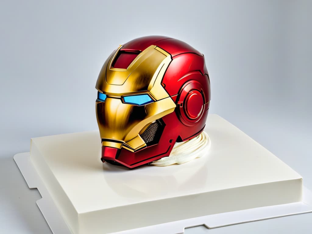  An ultradetailed, minimalist image of a sleek, metallic Iron Man helmet with intricate red and gold detailing, capturing the essence of the iconic superhero's armor design. The image is set against a clean, white background, emphasizing the precision and craftsmanship required to recreate Iron Man's likeness on a cake. hyperrealistic, full body, detailed clothing, highly detailed, cinematic lighting, stunningly beautiful, intricate, sharp focus, f/1. 8, 85mm, (centered image composition), (professionally color graded), ((bright soft diffused light)), volumetric fog, trending on instagram, trending on tumblr, HDR 4K, 8K