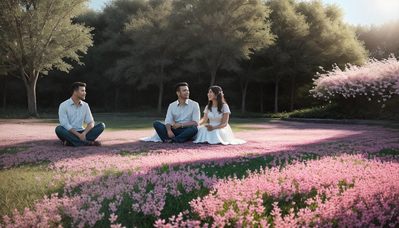  digital illustration, one man and one woman sitting together, looking at each other with thoughtful expressions, serene outdoor setting, soft sunlight, blooming flowers, hopeful, reflective, looking at viewer, dynamic pose, (intricate details, masterpiece, best quality)