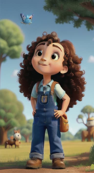  {Riley looking up at the tree with a big smile, animals surrounding them., Riley, a curious with big brown eyes and curly hair, wearing overalls and carrying a small backpack. Their friend, Skye, a bluebird with shiny feathers.