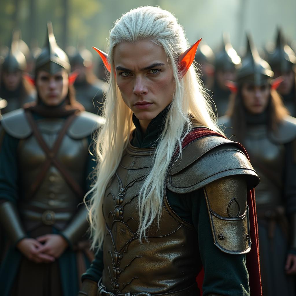  this image features an elf prince in a striking editorial photography pose, with one hand on his hip and facing forward. he is dressed in bronze elvish style armor, reminiscent of designs seen in peter jackson's movies and the art of alan lee. the setting includes his elven army in the background. the prince is characterized by his pointy ears, long platinum hair, and captivating grayish blue eyes, adding depth and nobility to his visage. this representation combines fantasy and regality, perfectly capturing the essence of elven royalty.  hyperrealistic, full body, detailed clothing, highly detailed, cinematic lighting, stunningly beautiful, intricate, sharp focus, f/1. 8, 85mm, (centered image composition), (professionally color graded), ((bright soft diffused light)), volumetric fog, trending on instagram, trending on tumblr, HDR 4K, 8K