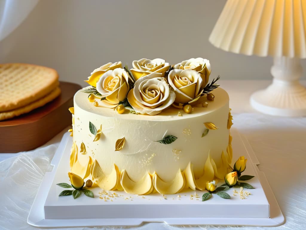  An ultradetailed closeup image of a delicate Victorianinspired dessert, showcasing intricate layers of sponge cake, piped buttercream roses, edible gold leaf accents, and a dusting of powdered sugar on a pristine white porcelain plate. The dessert is elegantly presented with a vintage silver fork resting beside it, capturing the opulence and attention to detail characteristic of Victorianera pastry creations. hyperrealistic, full body, detailed clothing, highly detailed, cinematic lighting, stunningly beautiful, intricate, sharp focus, f/1. 8, 85mm, (centered image composition), (professionally color graded), ((bright soft diffused light)), volumetric fog, trending on instagram, trending on tumblr, HDR 4K, 8K