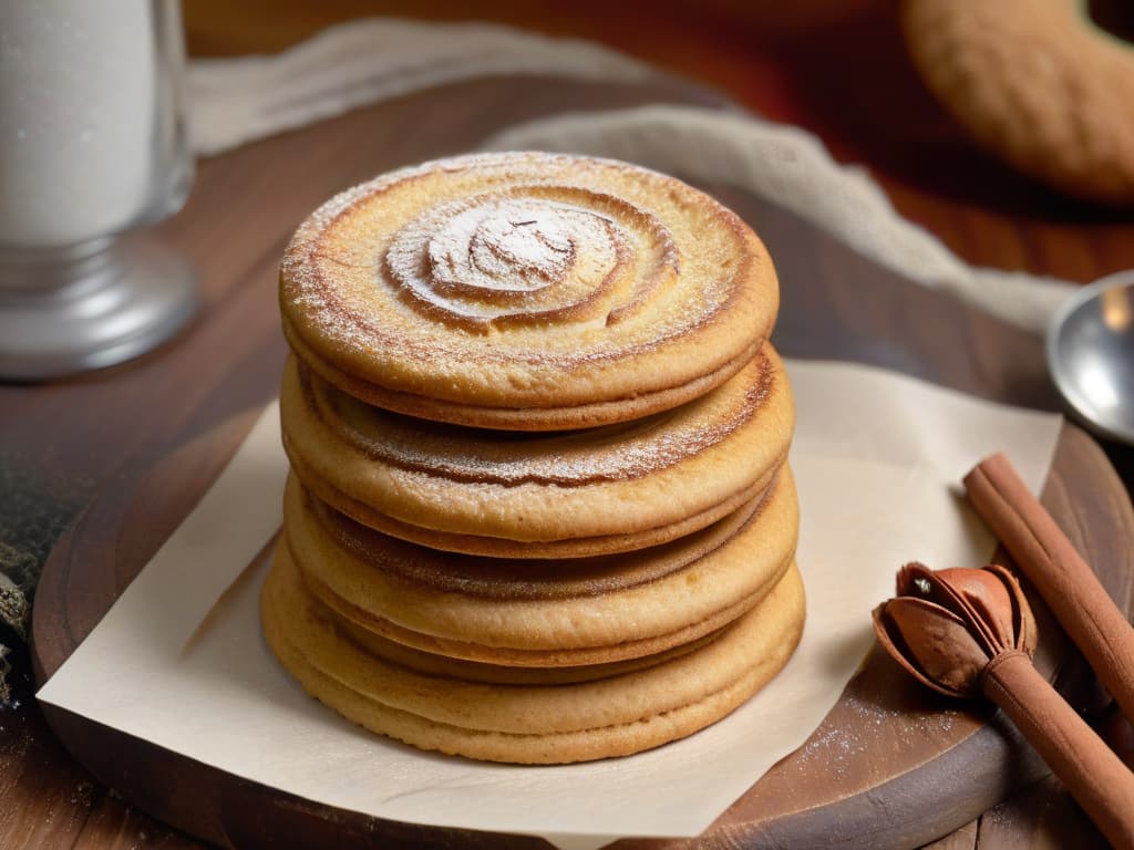  A closeup, ultradetailed image of a freshly baked Snickerdoodle cookie resting on a rustic wooden table, showcasing its goldenbrown, crispy edges, soft, chewy center, and a dusting of cinnamon sugar on top. The cookie is slightly cracked, emitting steam, with a backdrop of a vintage silver spoon and a delicate wisp of cinnamon sticks. The warm, inviting color palette and the intricate textures of the cookie's surface provide a visually captivating and mouthwatering appeal, perfectly complementing the informative yet inspirational tone of the article. hyperrealistic, full body, detailed clothing, highly detailed, cinematic lighting, stunningly beautiful, intricate, sharp focus, f/1. 8, 85mm, (centered image composition), (professionally color graded), ((bright soft diffused light)), volumetric fog, trending on instagram, trending on tumblr, HDR 4K, 8K