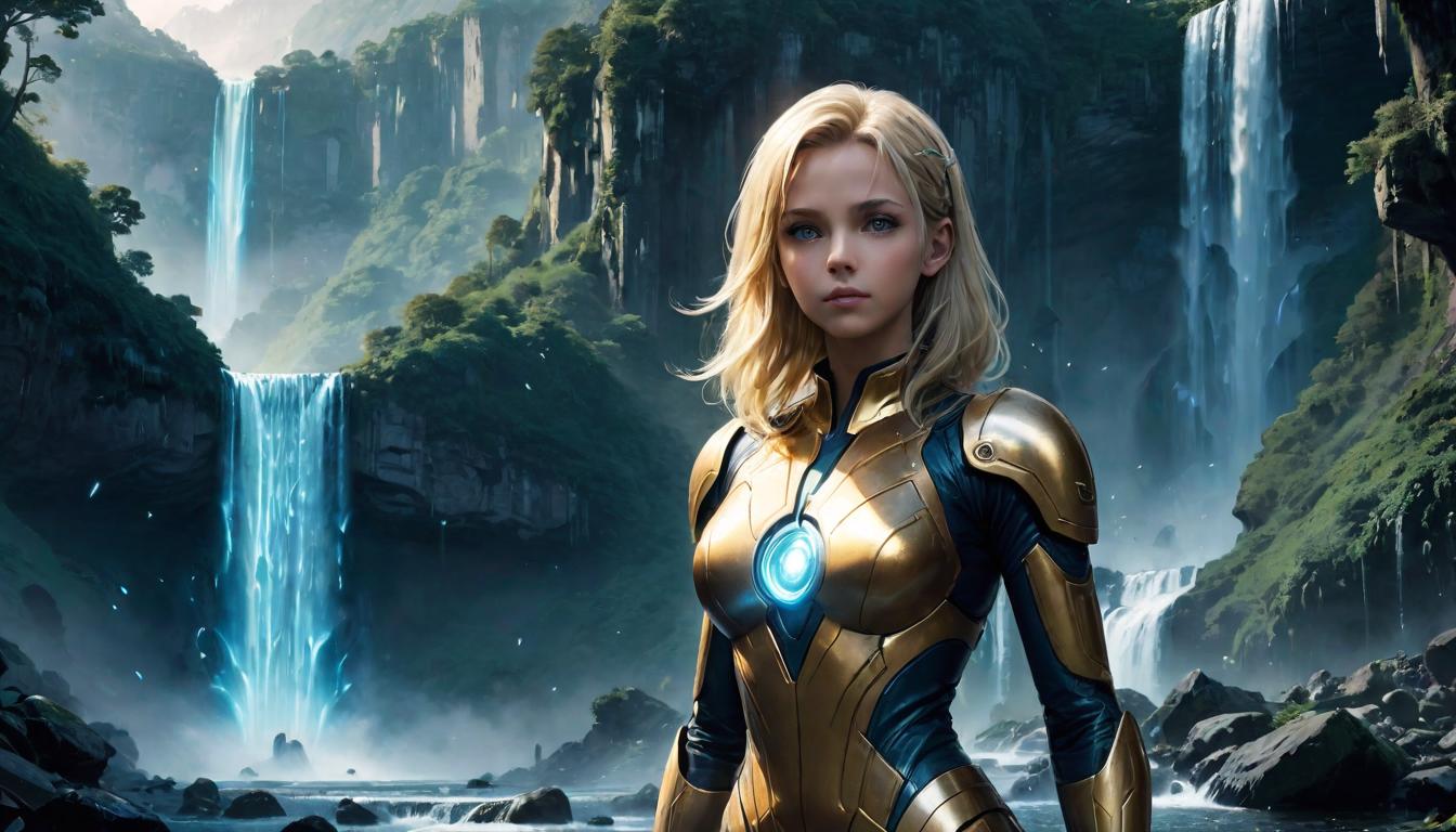  1girl, large busted attractive blonde arian female humanoid, standing before a mystical waterfall, glowing symbols around her, sense of intuition and inspiration, high tech clothing clad in sleek, futuristic costume with metallic accents and form fitting designs, marvel superhero comics style, unreal engine rendering