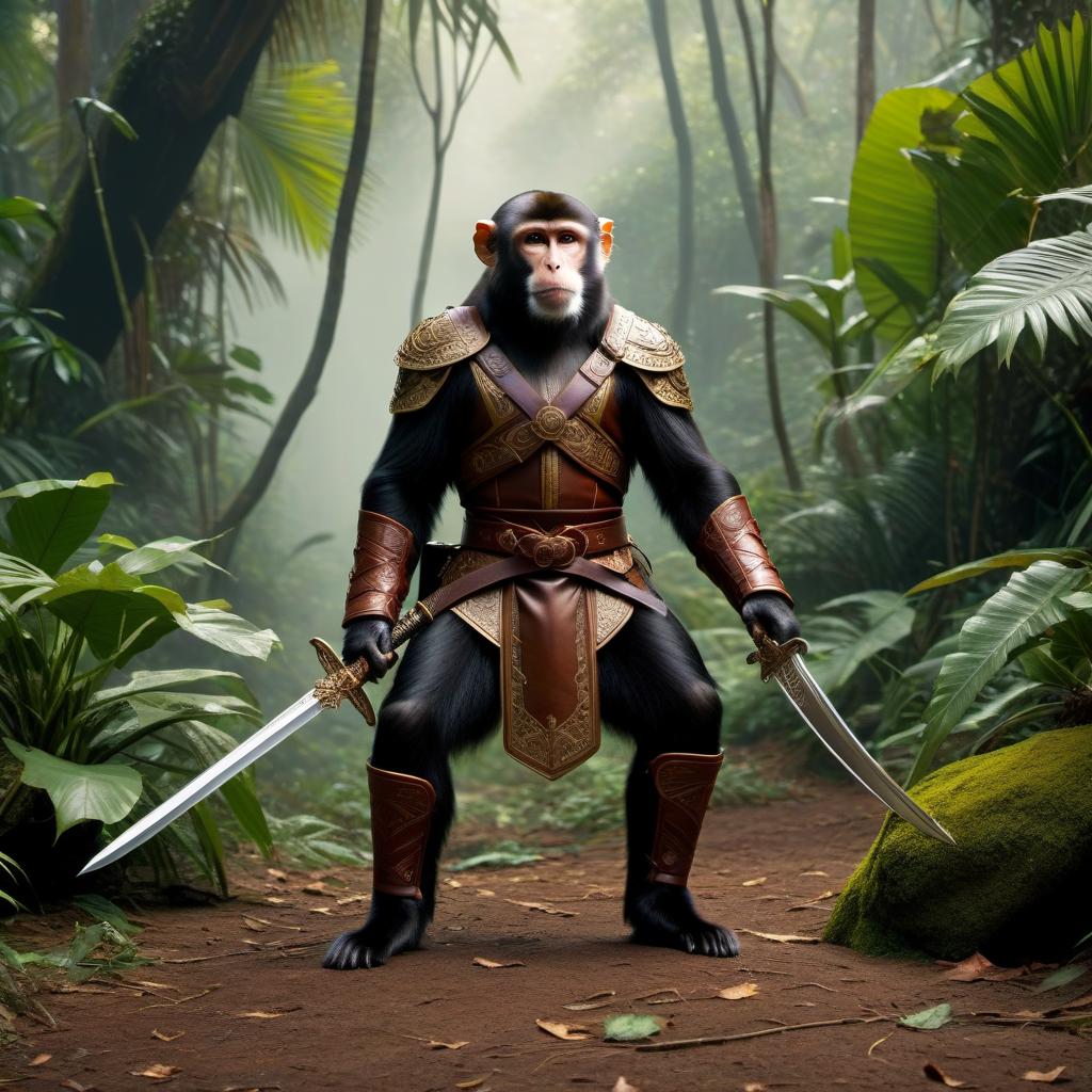  Monkeys with swords and bows in leather armors in the jungles hyperrealistic, full body, detailed clothing, highly detailed, cinematic lighting, stunningly beautiful, intricate, sharp focus, f/1. 8, 85mm, (centered image composition), (professionally color graded), ((bright soft diffused light)), volumetric fog, trending on instagram, trending on tumblr, HDR 4K, 8K