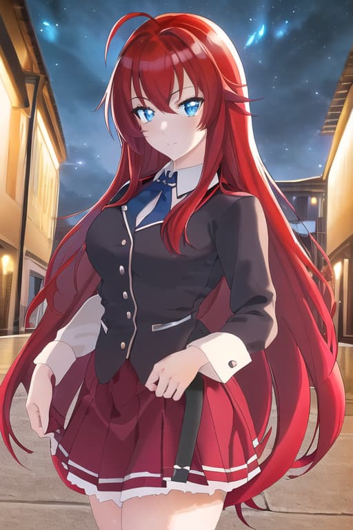  masterpiece, best quality, 1women, long red hair, looking at viewer, :3, cute, black school uniform, outdoors, streets, cowboy shot, curvy, (((blue eyes))), rias gremory, red hair, antenna hair, wavy hair, ((beautiful detailed eyes, beautiful detailed glow, lots of glow)), anime screencap,women, masterpiece, best quality, high quality, solo