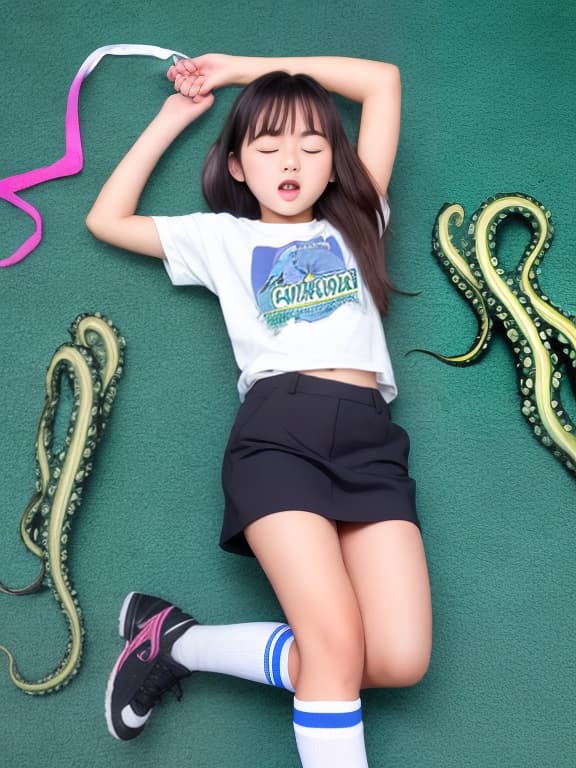  Junior high school student being stroked by tentacles, full body, high socks, eyes closed, mouth open, girl, cute