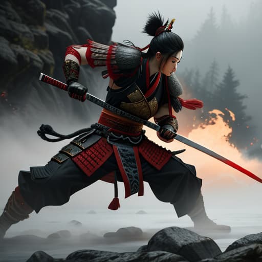  samurai warior Fighting with chi ese warrior hyperrealistic, full body, detailed clothing, highly detailed, cinematic lighting, stunningly beautiful, intricate, sharp focus, f/1. 8, 85mm, (centered image composition), (professionally color graded), ((bright soft diffused light)), volumetric fog, trending on instagram, trending on tumblr, HDR 4K, 8K