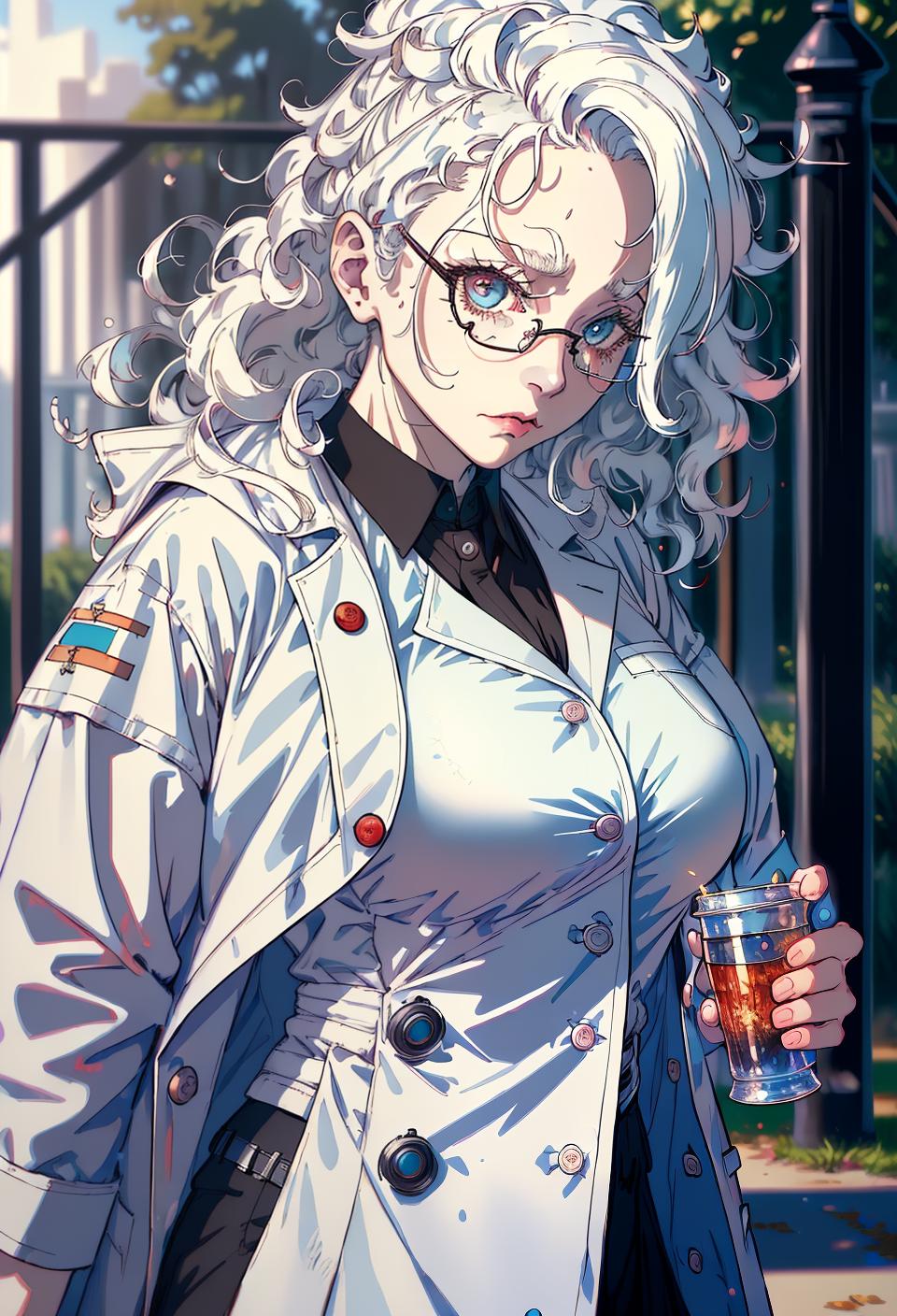  ((trending, highres, masterpiece, cinematic shot)), 1girl, mature, female lab coat, large, park scene, medium-length curly white hair, shaved head, narrow heterochromia eyes, barbaric personality, bored expression, very pale skin, magical, limber