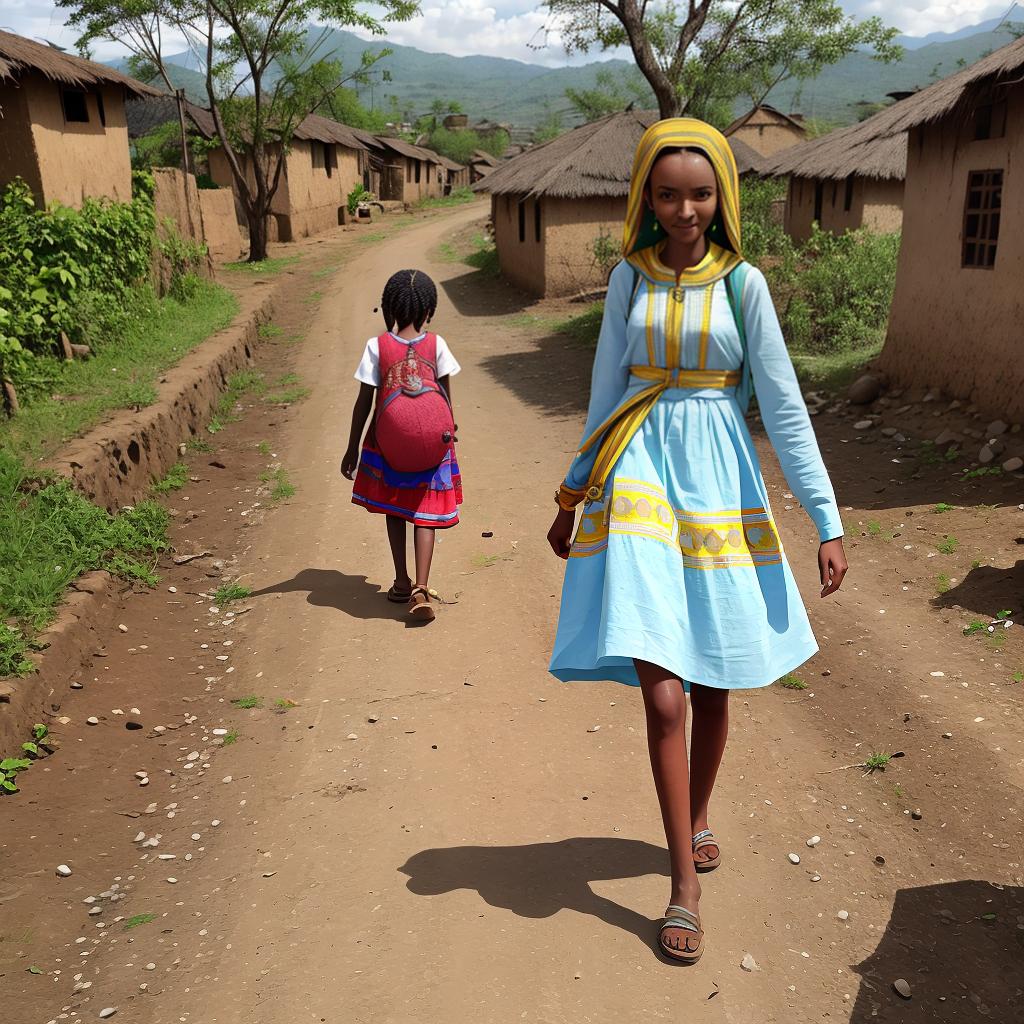  masterpiece, best quality, un Ethiopian women wearing a dress walking in to a village