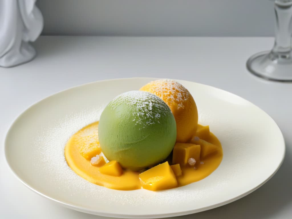  A closeup, ultradetailed image of a scoop of vibrant, homemade mango sorbet resting elegantly on a sleek, white porcelain dish. The sorbet glistens in the light, showcasing its smooth texture and vibrant color, with tiny ice crystals delicately visible on the surface. The dish is set on a light, neutral background, emphasizing the sorbet's freshness and inviting appeal. hyperrealistic, full body, detailed clothing, highly detailed, cinematic lighting, stunningly beautiful, intricate, sharp focus, f/1. 8, 85mm, (centered image composition), (professionally color graded), ((bright soft diffused light)), volumetric fog, trending on instagram, trending on tumblr, HDR 4K, 8K