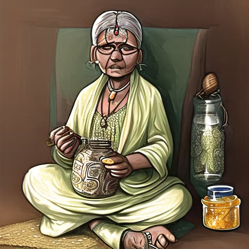  a old Indian grandmother with age of 60 sitting with a jar of pickle for advertisement