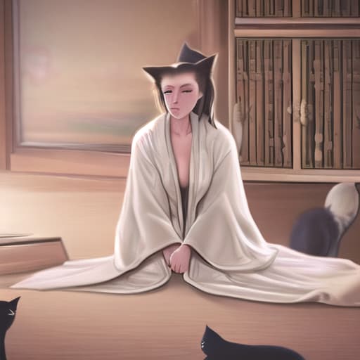  woman wearing a robe without anything else against cat