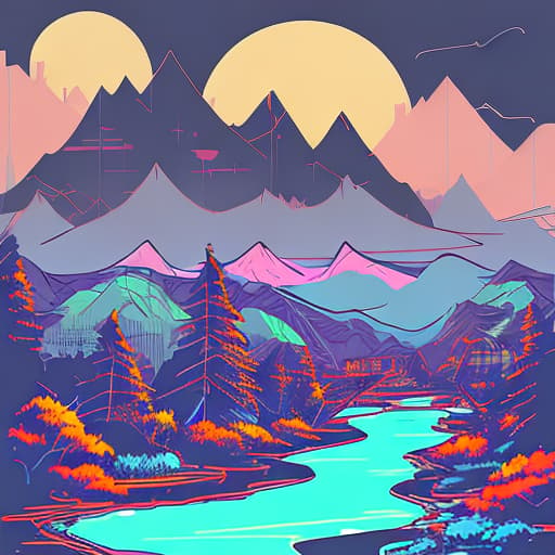 nvinkpunk Whimsical mountains with pond and trees in valley