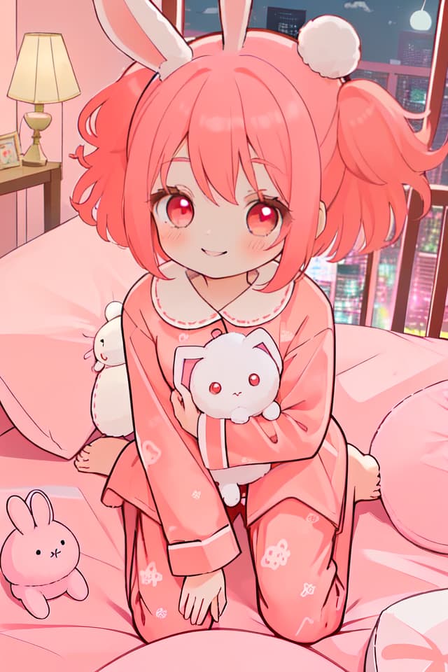  🌃, good night, girl, pajamas, red eyes, smiles, coral pink hair, rabbit stuffed animal