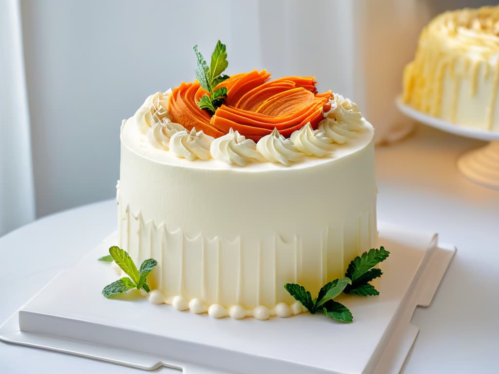  A highresolution, minimalist image of a beautifully decorated carrot cake, showcasing layers of moist cake, creamy frosting, and topped with delicate carrot shavings and a sprig of fresh mint. The cake is elegantly displayed on a simple, white ceramic cake stand, set against a soft, neutral background to emphasize the intricate details and vibrant colors of the dessert. hyperrealistic, full body, detailed clothing, highly detailed, cinematic lighting, stunningly beautiful, intricate, sharp focus, f/1. 8, 85mm, (centered image composition), (professionally color graded), ((bright soft diffused light)), volumetric fog, trending on instagram, trending on tumblr, HDR 4K, 8K