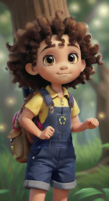  {The tree with a twinkling eye, while its leaves gently rustle., Riley, a curious with big brown eyes and curly hair, wearing overalls and carrying a small backpack. Their friend, Skye, a bluebird with shiny feathers.