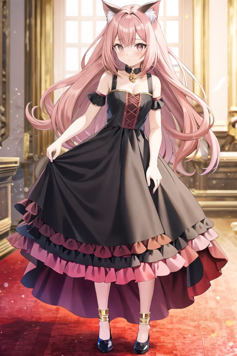  master piece , best quality,Hair gradient, gold and pink odd eyes, front, cat ears, red, black and white dress, full body