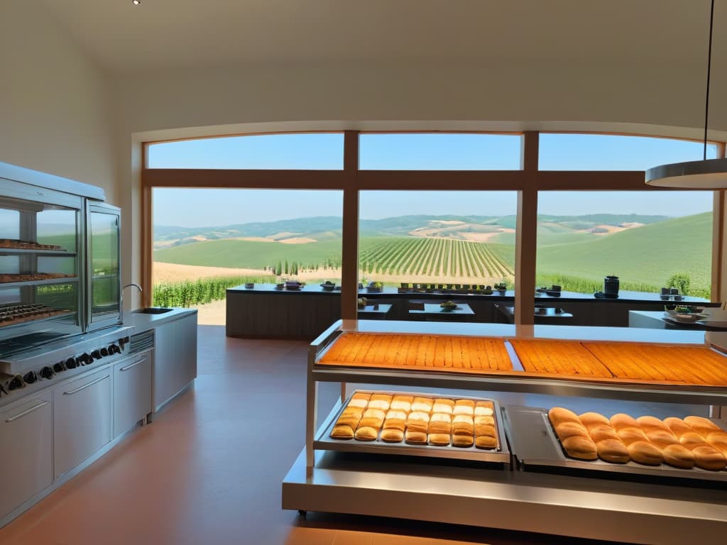  An ultradetailed image of a serene and minimalistic bakery retreat in the Tuscan countryside, showcasing a sleek and modern kitchen with marble countertops, stateoftheart baking equipment neatly organized, and large windows overlooking rolling hills dotted with vineyards and olive groves. The soft morning light filters in, creating a warm and inviting atmosphere, with a subtle hint of freshly baked pastries on a cooling rack in the foreground. hyperrealistic, full body, detailed clothing, highly detailed, cinematic lighting, stunningly beautiful, intricate, sharp focus, f/1. 8, 85mm, (centered image composition), (professionally color graded), ((bright soft diffused light)), volumetric fog, trending on instagram, trending on tumblr, HDR 4K, 8K