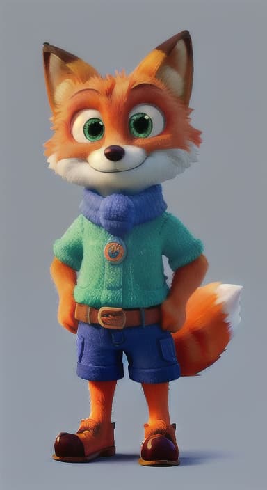  {Error the fox pressing the blue button with his paw, looking puzzled as nothing occurs., Error is a small, bright orange fox with a fluffy tail and big, inquisitive eyes. He has a mischievous yet kind expression and wears a tiny green scarf.