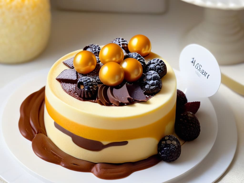  A closeup, photorealistic image of a vibrant mango fruit caviar placed delicately on top of a decadent chocolate mousse dessert. The mango caviar glistens under a soft, warm light, highlighting the tiny spheres that resemble real caviar, adding a luxurious and visually stunning element to the dessert. The rich chocolate mousse serves as a velvety backdrop, creating a visually striking contrast that is sure to captivate the audience and inspire them to incorporate fruit caviar into their own desserts. hyperrealistic, full body, detailed clothing, highly detailed, cinematic lighting, stunningly beautiful, intricate, sharp focus, f/1. 8, 85mm, (centered image composition), (professionally color graded), ((bright soft diffused light)), volumetric fog, trending on instagram, trending on tumblr, HDR 4K, 8K