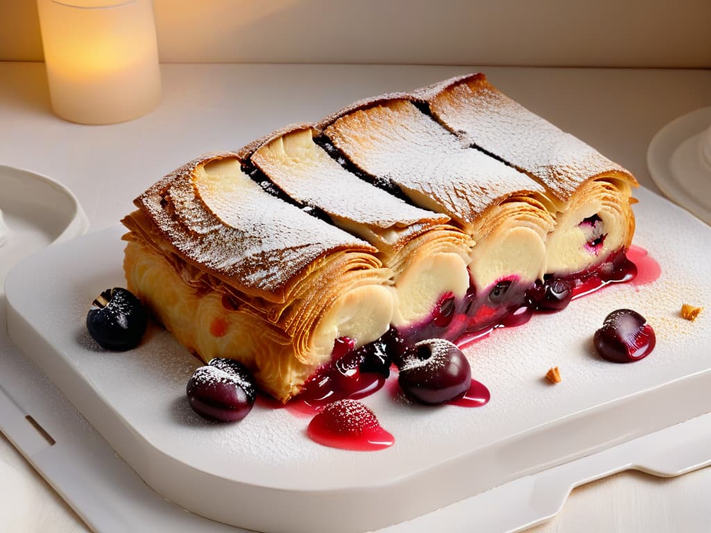  A closeup, ultrahighresolution image of a freshly baked cherry strudel, showcasing golden, flaky layers of pastry with a generous filling of juicy cherries peeking out, all set on a sleek, modern white plate against a soft, blurred background. hyperrealistic, full body, detailed clothing, highly detailed, cinematic lighting, stunningly beautiful, intricate, sharp focus, f/1. 8, 85mm, (centered image composition), (professionally color graded), ((bright soft diffused light)), volumetric fog, trending on instagram, trending on tumblr, HDR 4K, 8K