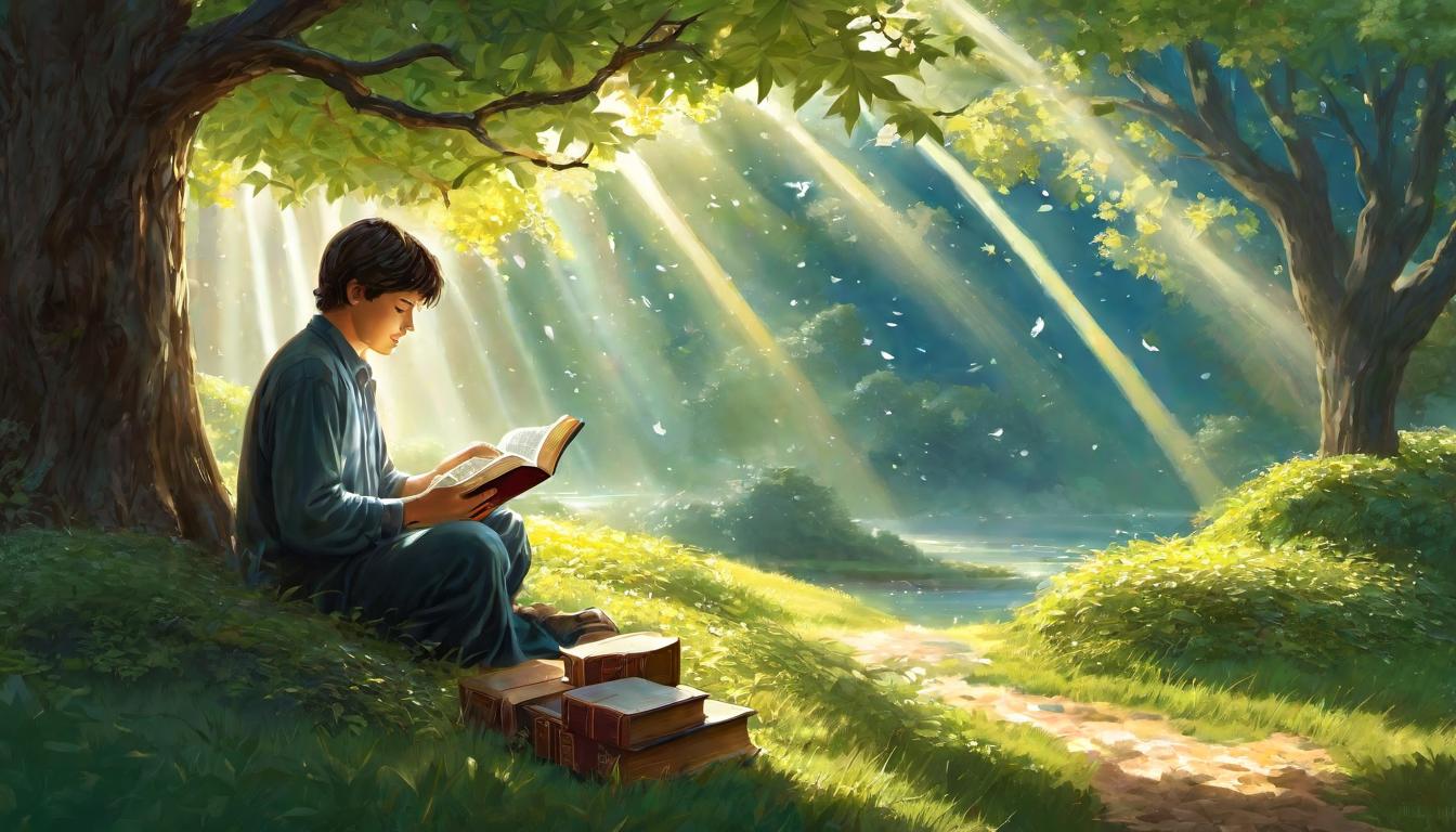  digital illustration, A serene scene of a person reading an illuminated Bible under a tree, streams of light filtering through leaves, peaceful expression, intimacy and trust, divine connection, looking at viewer, dynamic pose, (intricate details, masterpiece, best quality)