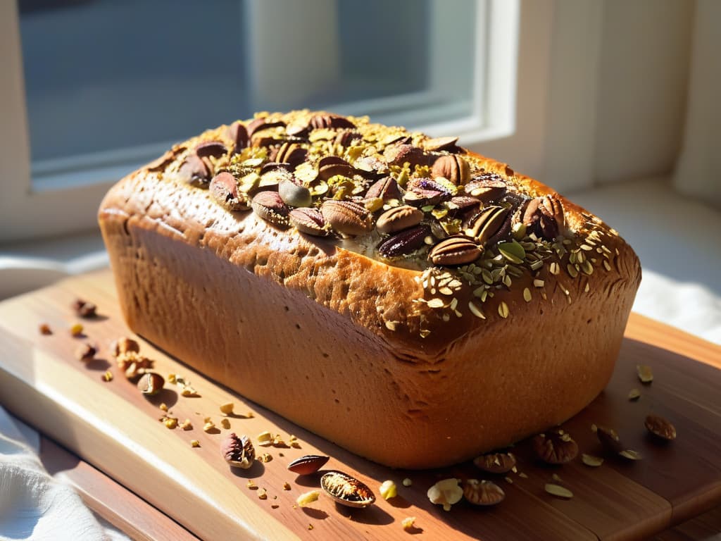  A closeup, ultrahighresolution image of a freshly baked loaf of walnut and seed bread, still steaming, with a golden crust cracked open to reveal a perfect crumb texture speckled with crunchy nuts and seeds. The bread rests on a rustic wooden cutting board, surrounded by scattered whole walnuts, pumpkin seeds, and flaxseeds. Sunlight filters through a nearby window, casting a warm, inviting glow on the scene, highlighting the intricate textures and rich colors of the ingredients. hyperrealistic, full body, detailed clothing, highly detailed, cinematic lighting, stunningly beautiful, intricate, sharp focus, f/1. 8, 85mm, (centered image composition), (professionally color graded), ((bright soft diffused light)), volumetric fog, trending on instagram, trending on tumblr, HDR 4K, 8K