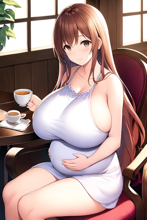  (Beautiful young woman holding book in café sitting in chair:1.0),(long chestnut hair over shoulders:1.0),(flowing knee-high sundress with floral pattern:1.0),(slim fit body:1.0),(cozy and inviting café atmosphere:1.1), (drinking tea), (soft sunlight streaming through the windows:1.2), (charming and peaceful ambiance:1.0),(soft rustling of pages turning:1.0), sandals, dreamy eyes, (best quality:1.1),  (volumetric lighting:1.1), depth of field, , intricate, refined, digital painting, pixiv fanbox, (by Pascal Campion:1.0), (by Jenny Yu:1.0), (by WLOP:1.0), hands,, (( Huge breast )), (( huge pregnant )), (( full vodi ))