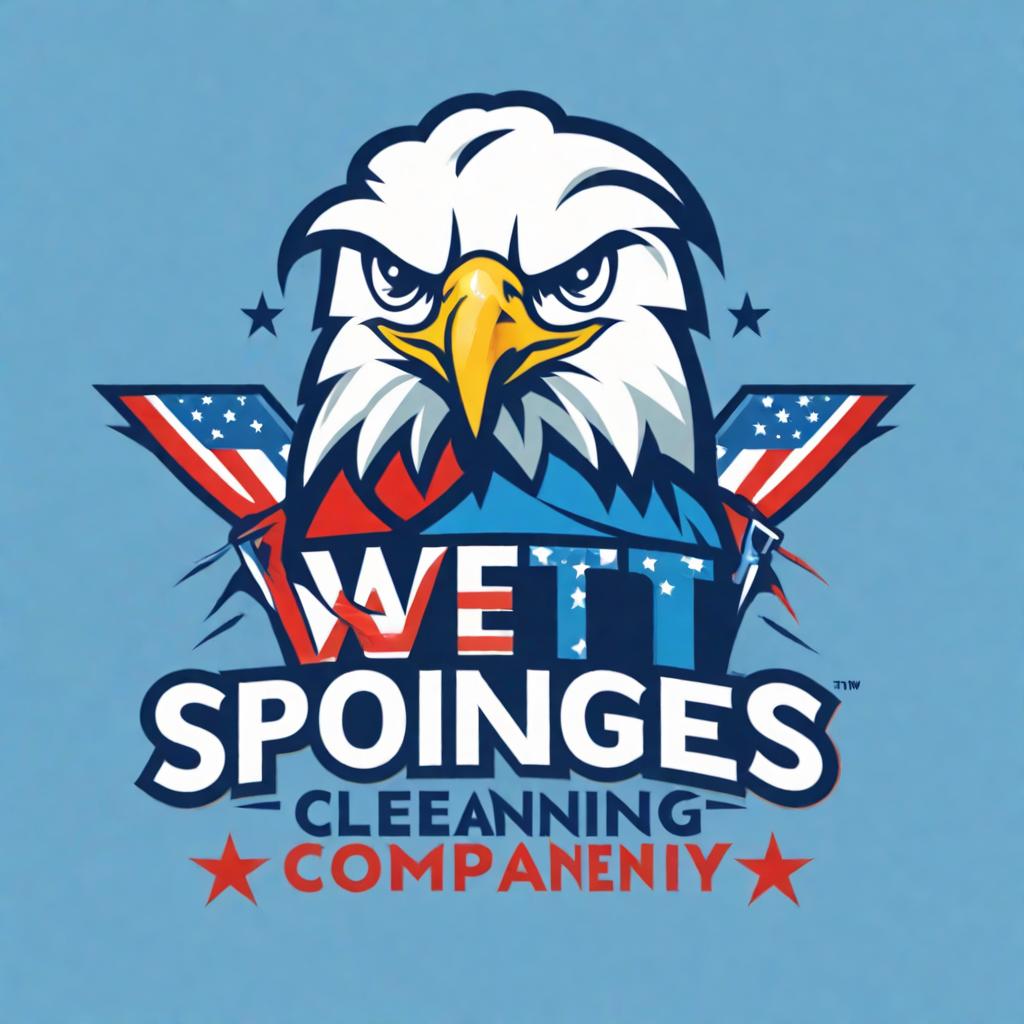  logo for window cleaning company called "Wet Sponges" with a patriotic eagle holding a sponge