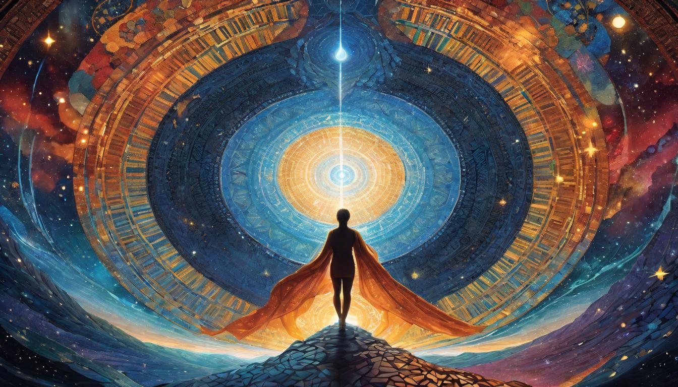  digital illustration, Mosaic of soul's journey viewed from above, intricate pathways illuminated by cosmic light, spiritual evolution as art, tapestry of growth, guided steps under the gaze of stars, integrated enlightenment, looking at viewer, dynamic pose, (intricate details, masterpiece, best quality)