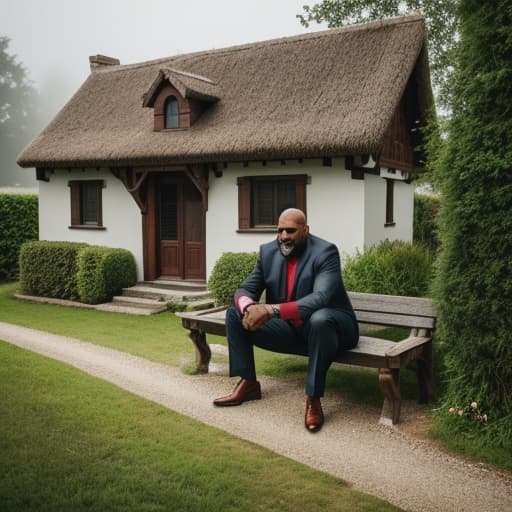  a man in a village, he sitting in front of the house hyperrealistic, full body, detailed clothing, highly detailed, cinematic lighting, stunningly beautiful, intricate, sharp focus, f/1. 8, 85mm, (centered image composition), (professionally color graded), ((bright soft diffused light)), volumetric fog, trending on instagram, trending on tumblr, HDR 4K, 8K