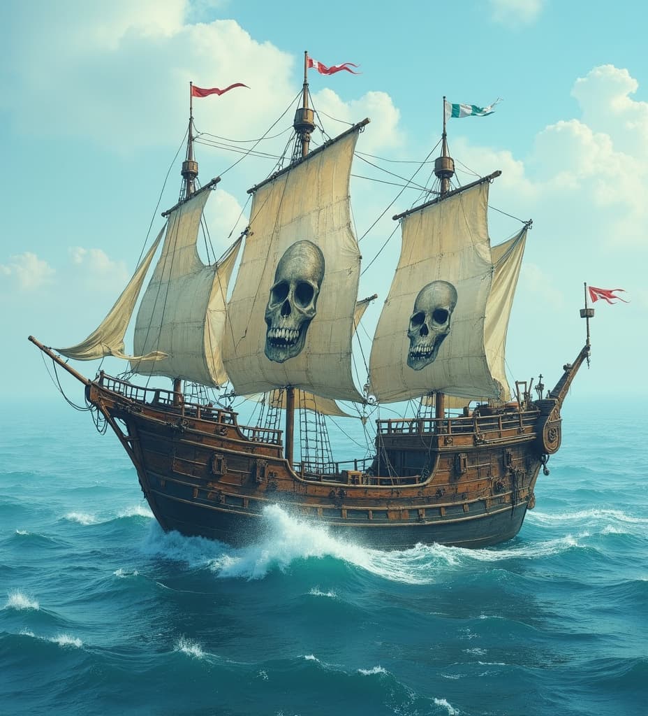  good quality, high quality, rustic ships with a skull in the middle, with a wave in the middle of the ocean