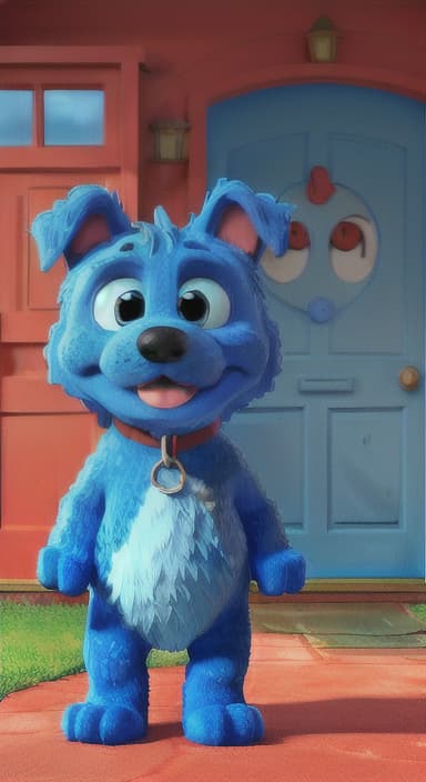  {Max the big blue dog standing in front of a cozy little house with a red door, The big blue dog is large with sky blue fur, big round eyes, a black nose, and floppy ears.