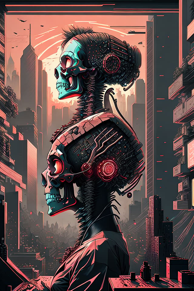  side profile of cyberpunk body with cyborg skull | cyberpunk | styled in Art Nouveau | insanely detailed | embellishments | high definition | concept art | digital art | vibrant|