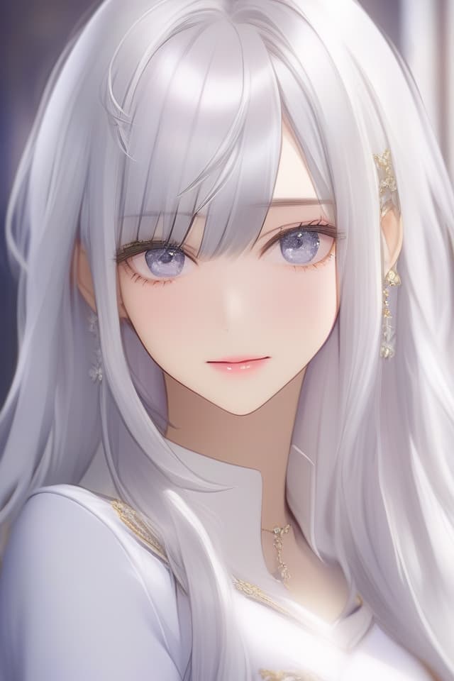  ((Forehead Showing) (Hair Parted In Center with Bangs) (Hair Parted In Center with Bangs) , (Beautiful Silver Hair Parted in Center) Long Hair, SAINTLY ATTIRE, High Quality, 8k