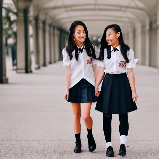 portrait+ style two girlfriends walking together in school uniform