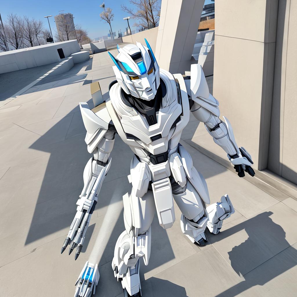  Transformers white armor holding spear Zen x-ray gradient cream white perspective a man facing a city soldier sharp eyes